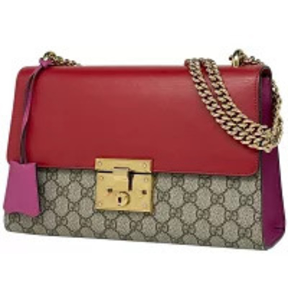 Gucci GG Chain Shoulder Bag Padlock Canvas Beige Red Pink